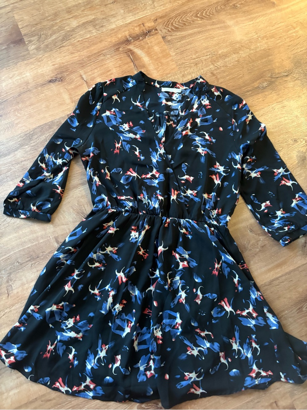 Lush Black Floral-Print Fit & Flare Dress with Blue and Red Accents